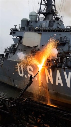US Navy warship hull being cut with a glowing industrial torch,..#usmilitarycombat