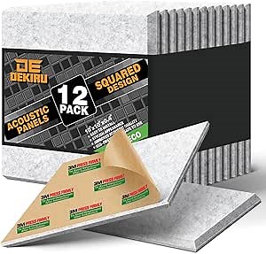DEKIRU 12 PACK Acoustic Panels, Sound Proof Foam Panels Self-Adhesive, High Density Sound Proof Panels For Walls, Door Soundproofing, Wall Panels For Interior Wall Decor, Home and Studio (Grey）