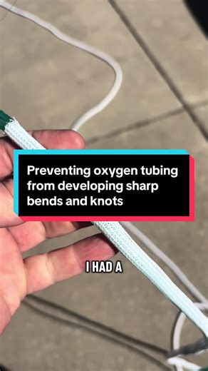 A patient of mine was having problems with her oxygen tubing regularly developing sharp bends and knots that restricted the airflow. My first solution was to attach quarter inch cable sleeve to it but the problem with that is it creates a fall risk because it tends to roll if you step on it on a smooth surface like wood flooring. So instead, I’ve been trying out a variety of materials, including ribbon and water tite pipe sleeve and three-quarter inch flat webbing. Ribbon comes in a variety of c