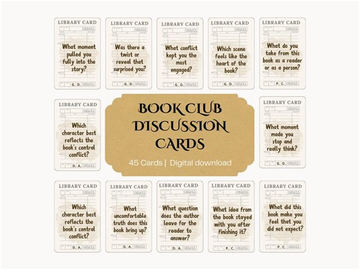 Book Club Discussion Cards, 45 Library Card Questions, Book Club Activities and Games, Book Club Printable Review Cards (PDF Download) - Etsy