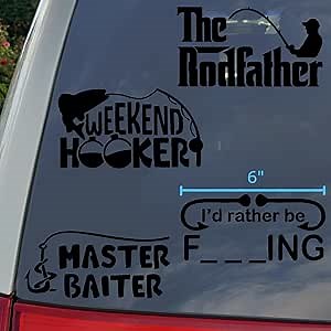 Inappropriate Funny Fishing Decals: Weekend Hooker, Master Baiter, The Rodfather, I'd Rather Be Fishing Funny Fishing Decals (Large ~6", Black)