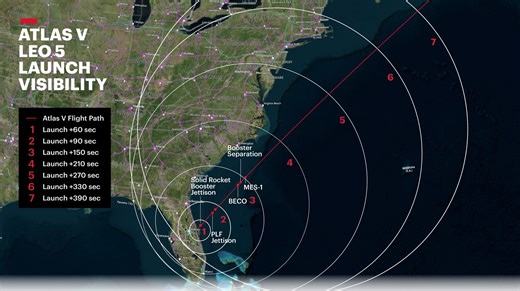 ULA Atlas V rocket launch viewing from Florida to New England. See map