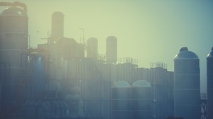 Refinery factory with oil storage tanks