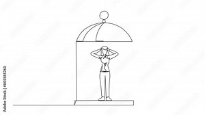 Self drawing animation of continuous one line drawing tired businesswoman trapped in cage standing frustrated holding head. Anxiety caused can not move freely. Imprisoned. Full length animated