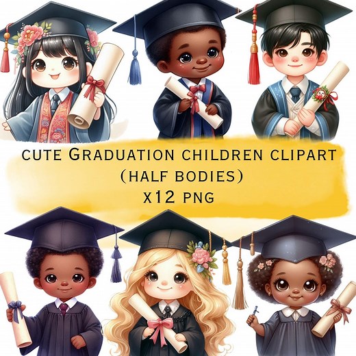 Graduation Kids Clipart Set – 14 Cute Children in Caps and Gowns, Diverse Graduation Illustrations, Digital PNG for Crafts & Invitations - Etsy