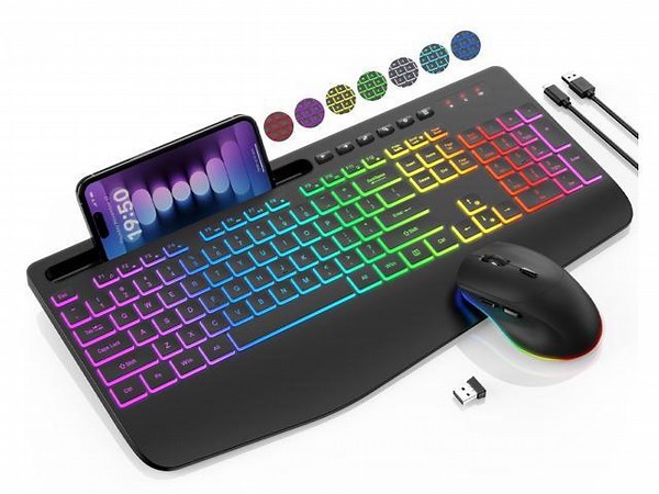 Wireless Keyboard and Mouse Combo - 9 Backlit Effects, RGB, Ergonomic Wrist Rest, Phone Holder, 2.4G Full Size, Rechargeable, Sleep Mode, Quiet Keyboard Set for Computer, PC, Laptop, Mac, Windows - Newegg.com