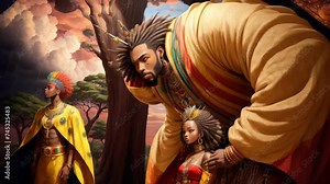 African wedding Animation, Afrofuturistic Black African Tribal Couple, marriage, African savannah, love, romance, giant acacia trees, Afrofuturistic, red sky with clouds, royal African, vibrant