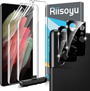 [2 + 2 Pack Compatible for Samsung Galaxy S21 Ultra 6.8 inch Screen Protector Flexible TPU Film, 2 Pack Camera Lens Protector Support in-screen fingerprint, Easy Installation Frame