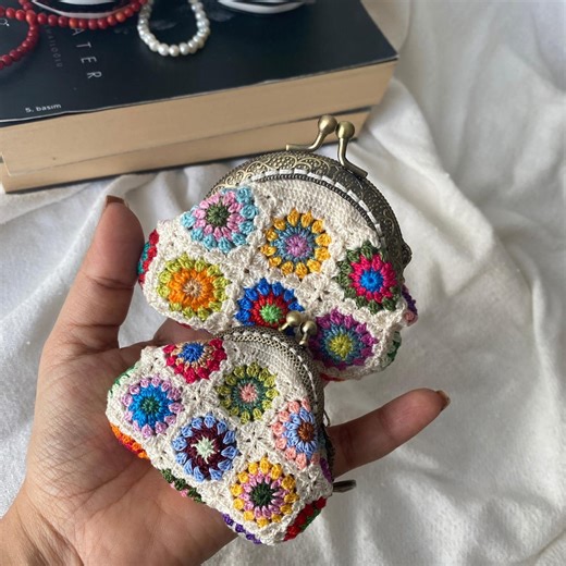 Crochet Coin Purse Keychain: Handmade Granny Square Metal Clasp