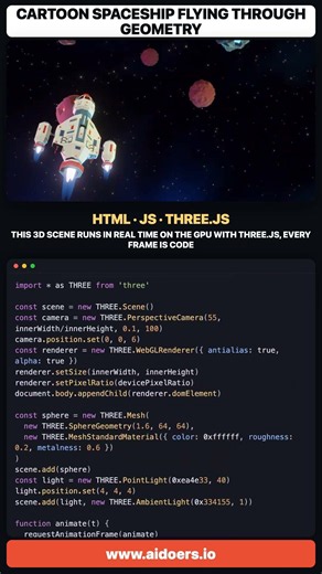Cartoon Spaceship Flying Through Geometry · HTML · JS · THREE.JS