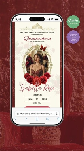Animated Quinceañera Invitation Canva,15, 16 Birthday E-Invite, Red Gold, RSVP Link Music, Countdown