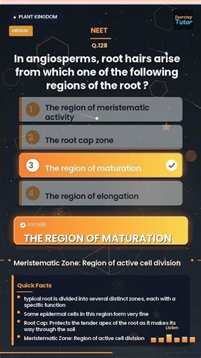 Root Hairs Origin: Angiosperms MCQ | NEET 2026 Biology 🌱🔬 #Shorts