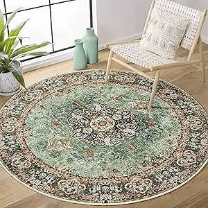 Green Round Rug 4ft,Circle Washable Area Rugs for Bedroom Bathroom Entryway,Boho Vintage Bohemian Distressed Oriental Floral Carpet Non Slip,Sage