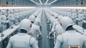 Futuristic assembly line of humanoid robots working in a highly automated factory, showcasing advanced technology and robotics in action.