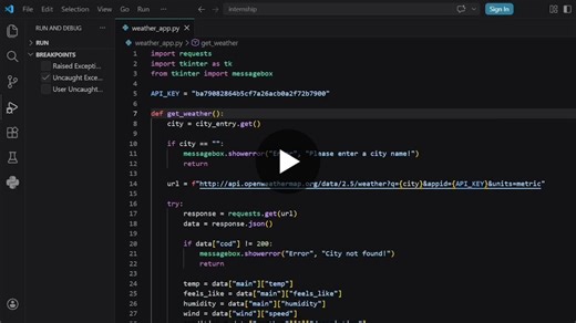 #python #weatherapp #api #tkinter #pythonprojects #gui #oasisinfobyte #internship #programming #coding #developer #tech #learning #studentdeveloper #pythondeveloper | Bottu Amulya