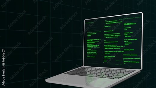 Perspective view of a laptop screen filled with green coding lines for software architecture and data processing.