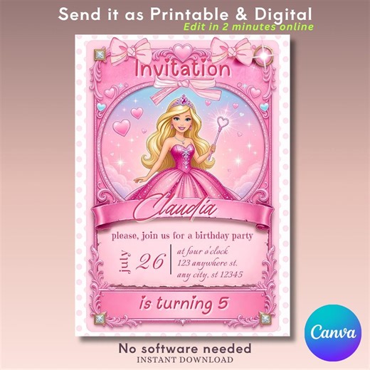 Princess Party Invitation, Royal 6th Birthday Invite Girl, Editable Canva Template, Digital Roses Gold Stationery, Printable Fairy Tale Bday - Etsy
