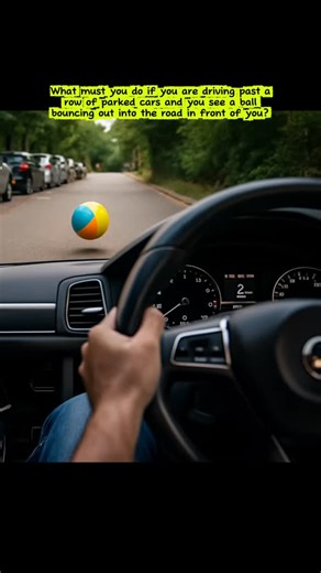 What must you do if you are driving past a row of parked cars and you see a ball bouncing out into the road in front of you? #nzdrivers #nzroadcode #safty #ball #bouncing #quiz | NZ Roadcode