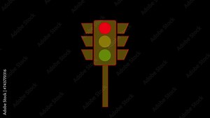 Animation of Traffic Light on black background. Traffic light icon lamp. Traffic light direction regulate safety symbol. Transportation control warning, Traffic control light signal animation.