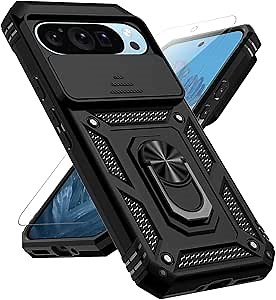 for Google Pixel 9 Pro XL Case with Slide Camera Cover HD Screen Protector [Military Grade 16ft. Drop Tested] Magnetic Ring Holder Kickstand Protective Phone Case for Google Pixel 9 Pro XL, Black