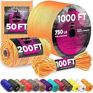 TECEUM Paracord Rope 750 lb – 1000ft / 200ft / 120ft / 100ft / 50ft – String Parachute Cord for Camping, Survival, Outdoor Gear – 35+ Colors – Nylon Utility Rope – Tactical Survival & Camping Kit
