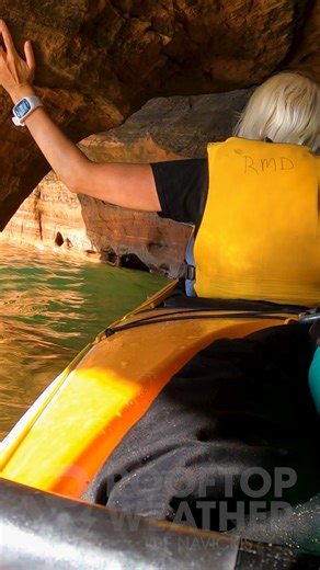Kayaking through one of the many sea caves in the Apostle Islands near Bayfield, WI on Lake Superior 🛶 #seacaves #seacave #lakesuperior #kayaking #kayakingadventures #rooftopweather #screamitfromtherooftops #Wisconsin #wisconsinadventures | Rooftop Weather