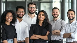 Portraits of a diverse team collaborating in a sleek modern office workspace, highlighting teamwork and innovation. Perfect for corporate websites, team-building presentations, and coworking space pro