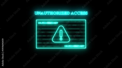 Bright Blue Neon Unauthorized Access Alert with Flowing Binary Code and IP Addresses on Black, Symbolizing Digital Security, Cyber Threats, and System Breach