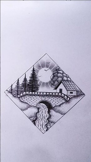 Mountain Water Bridge Drawing | Easy Nature Scenery Pencil Drawing Tutorial #drawing #sketch #shots