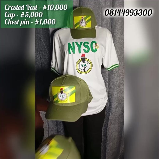 NYSC Corp Members 📢 Quality khaki trousers, crested vest, Crested chest pin and cap is available. Ready for pickup & delivery. Message now to secure yours. Limited slot. First come, First serve. #nyscnigeria #corpers #nysccap #crestedvest #kopa