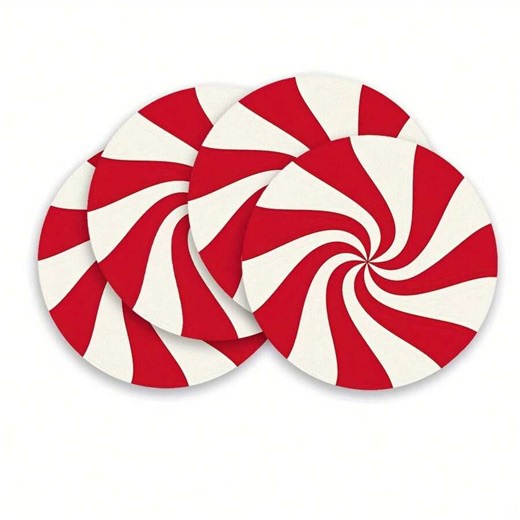 Glossy Round Table Mats, Candy Stripe Pattern, Hand Wash Only Polyester Material, Suitable For Christmas Table Setting, Holiday Dining Decoration, Candy Stripe Design (Suitable For 4 People Dining),Table Cover,Mantel Para Mesa,Placemats,Placemats For Dining Table,Coaster