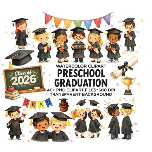 Preschool Graduation Clipart Bundle PNG | Watercolor Graduation Kids | Class of 2026 Clipart | School Graduation Graphics | Commercial Use - Etsy