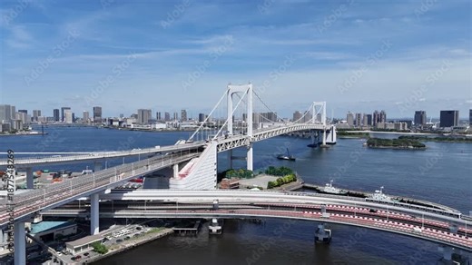Static aerial view of Rainbow Bridge loop interchange and Tokyo waterfront with passing train and cars