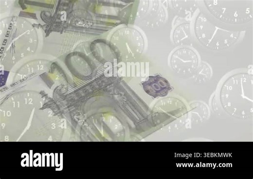 Left slide starting 100 euro notes sliding, rotating and stacking over faint clock faces for growth. Banknotes, time, layering, translucent, pattern, abstract, collage Stock Video Footage - Alamy
