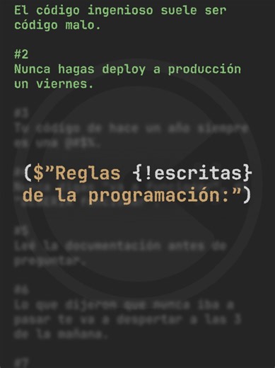 Regla 2 - Nunca hagas deploy a producción un viernes. Porque aunque todo funcione perfecto en tu máquina, siempre aparece algo que no viste: un cache que tarda en actualizarse, un caso raro en producción, o ese usuario que encuentra el único bug posible. Y cuando eso pasa… el fin de semana desaparece. Si conocés a alguien que todavía no aprendió esta regla, pasale este video. #dev #programacion #coding #csharp #backend