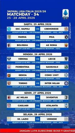 Jadwal Liga Italia Pekan Ke 34 - AC Milan vs Juventus #jadwalligaitalia #seriea #ligaitalia2026