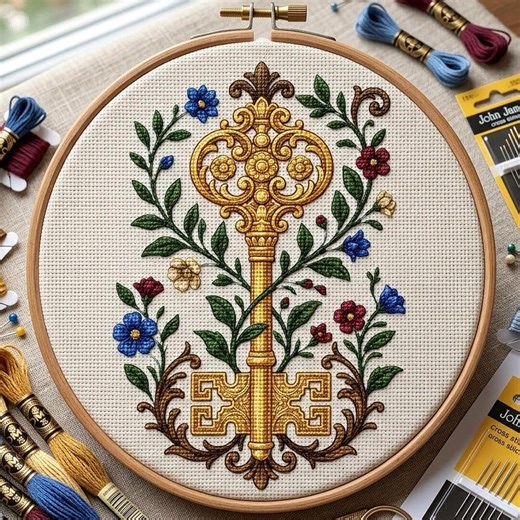 Antique Skeleton Key Cross Stitch Pattern, Victorian Floral Embroidery Design (PDF Download) - Etsy