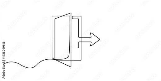 Open door continuous one line drawing animation, A one-line drawing of an open door with an arrow pointing forward, symbolizing a clear exit strategy