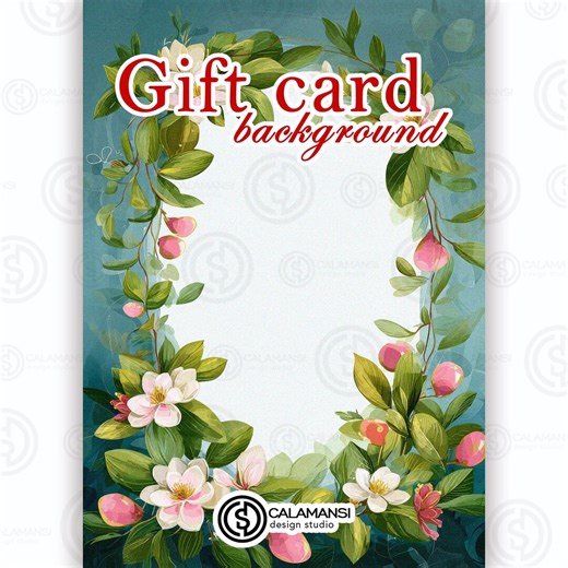 Floral GIFTCARD INVITATION PNG, White Flowers, Camellia Frame, Blue Green Gift Card, Pink Buds Botanical Background, Canva Figma Photoshop - Etsy