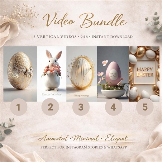 Minimal Easter Video Bundle, 5 Animated Easter Greetings, Vertical 9:16 Videos for Instagram Stories
