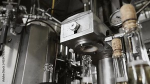 Automatic cork insertion on champagne bottles at bottling plant.