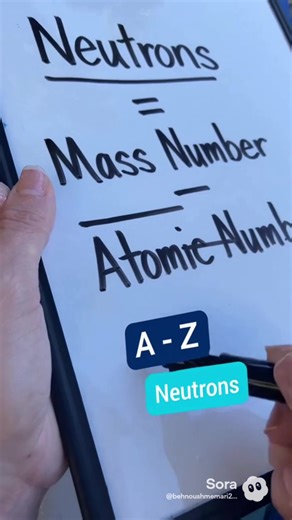 #chemistrywithdrmemari To find the number of neutrons in an atom, subtract the atomic number from the mass number. Step-by-step: \t1.\tFind the atomic number (Z): This is the number of protons in the atom and is listed on the periodic table. \t2.\tFind the mass number (A): This is the total number of protons plus neutrons. \t•\tIf only the atomic mass is given, round it to the nearest whole number to get the mass number. \t3.\tSubtract: Number of neutrons = Mass number − Atomic number Example: C