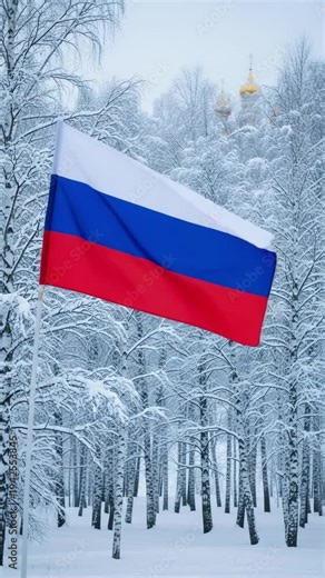 Russian National Flag Waving in Snowy Birch Forest with Golden Orthodox Church Domes