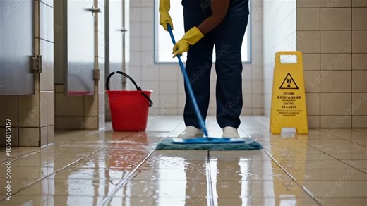 Janitor mops wet bathroom floor with cleaning equipment. Worker cleans tile floor using mop and bucket. Professional janitor service with caution sign. Cleaner mops bathroom tile surfaces.