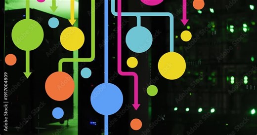 Video tours a data center, showcasing servers, routers, and switches.