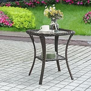 Belord Small Outdoor Side Table - Tempered Glass Wicker Table, Waterproof Patio Coffee Table Rattan End Table with Storage, Brown
