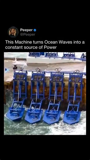 PEEPER on Instagram: "This system generates electricity by capturing the motion of ocean waves along the shoreline. As waves rise and fall, the floating paddles move up and down, driving mechanical arms connected to generators. That kinetic energy is converted into electricity, which can then be fed into the grid. Wave energy is appealing because oceans are predictable and waves can be generated day and night, unlike solar or wind alone. However, it is not a truly constant power source. Output d