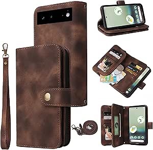 Wallet Case for Google Pixel 6 Pro with Wrist Strap Shoulder Strap,Zipper Pocket Multi Card Slot Wallet Cover,PU Leather Seismic Protection Pixel6Pro Pixel6 XL 6XL Pixle 6Pro 5G Brown