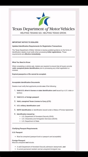 TEXAS ENDURECE REQUISITOS: A EXTRANJEROS SIN DOCUMENTACIÓN MIGRATORIA COMPLETA YA NO PODRÁN REGISTRAR NI RENOVAR VEHÍCULOSEl Departamento de Vehículos Motorizados de Texas (TxDMV) emitió nuevas reglas de aplicación inmediata que ya están afectando directamente a miles de extranjeros que buscan comprar, registrar o renovar un vehículo en el estado.PUNTOS CLAVESA partir de ahora, solo se aceptarán identificaciones vigentes y documentos migratorios completos.Los pasaportes o identificaciones vencid