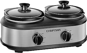 Chefman Double Slow Cooker & Buffet Server with 2 Removable 1.25 Qt. Oval Crocks, Pot Inserts Individually Heat Controlled, Stainless Steel